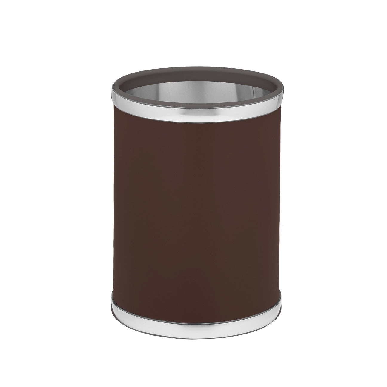 Brown and Brushed Chrome | Top-down view of a round leatherette wastebasket with brushed faux metal trim, centered on a white background.