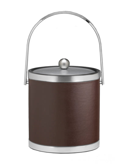 Brown with Brushed Chrome | Close up of the track handle and faux metal bands and cover on a leatherette ice bucket.