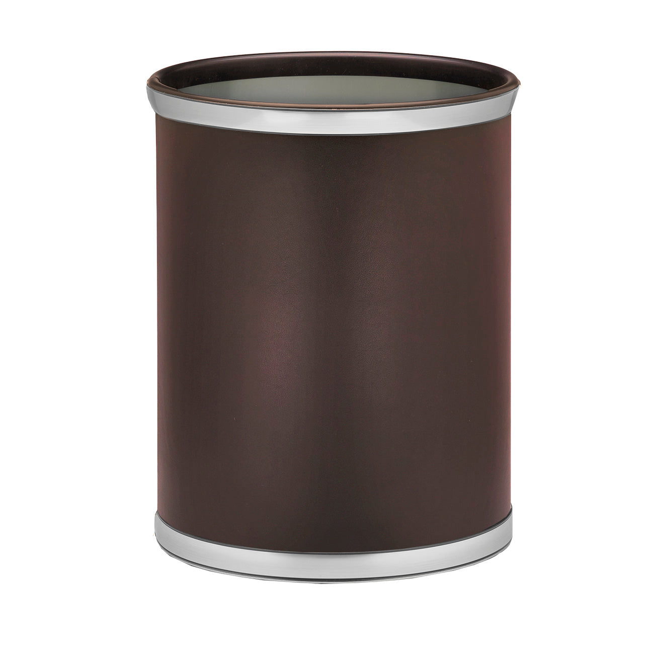 Brown | 13qt leatherette wastebasket with glossy faux metal bumpers centered on white background.