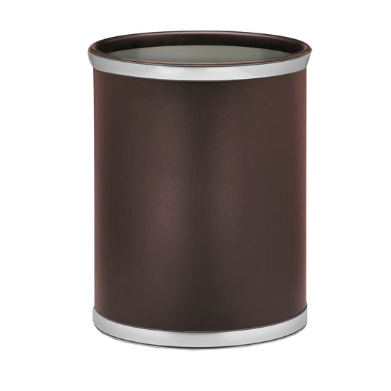 Brown | 13qt leatherette wastebasket with glossy faux metal bumpers centered on white background.