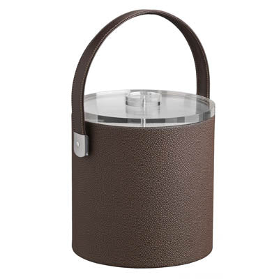 Mocha | Close-up of 3qt ice bucket featuring clear acrylic cover and detailed stitched leatherette handle for a modern, elegant look.
