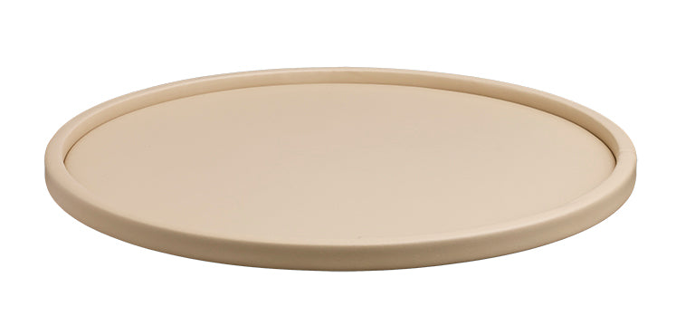 Beige | Round leatherette serving tray with sleek half-inch sidewall for modern entertaining.