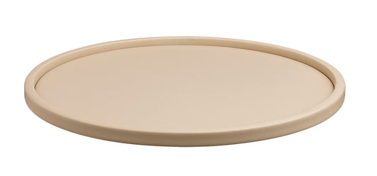Beige | Round leatherette serving tray with sleek half-inch sidewall for modern entertaining.