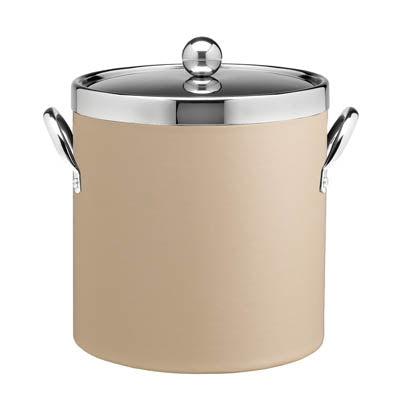 Beige | Contemporary ice bucket with chrome cover, top ring, and sleek side handles for modern entertaining.