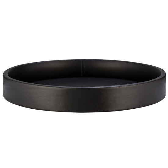 Black | Front view of the round leatherette gallery tray with raised edges.