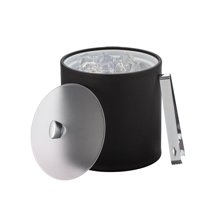 Black | Close up of a 3QT leatherette ice bucket featuring an acrylic cover with polished chrome arc-shaped knob.