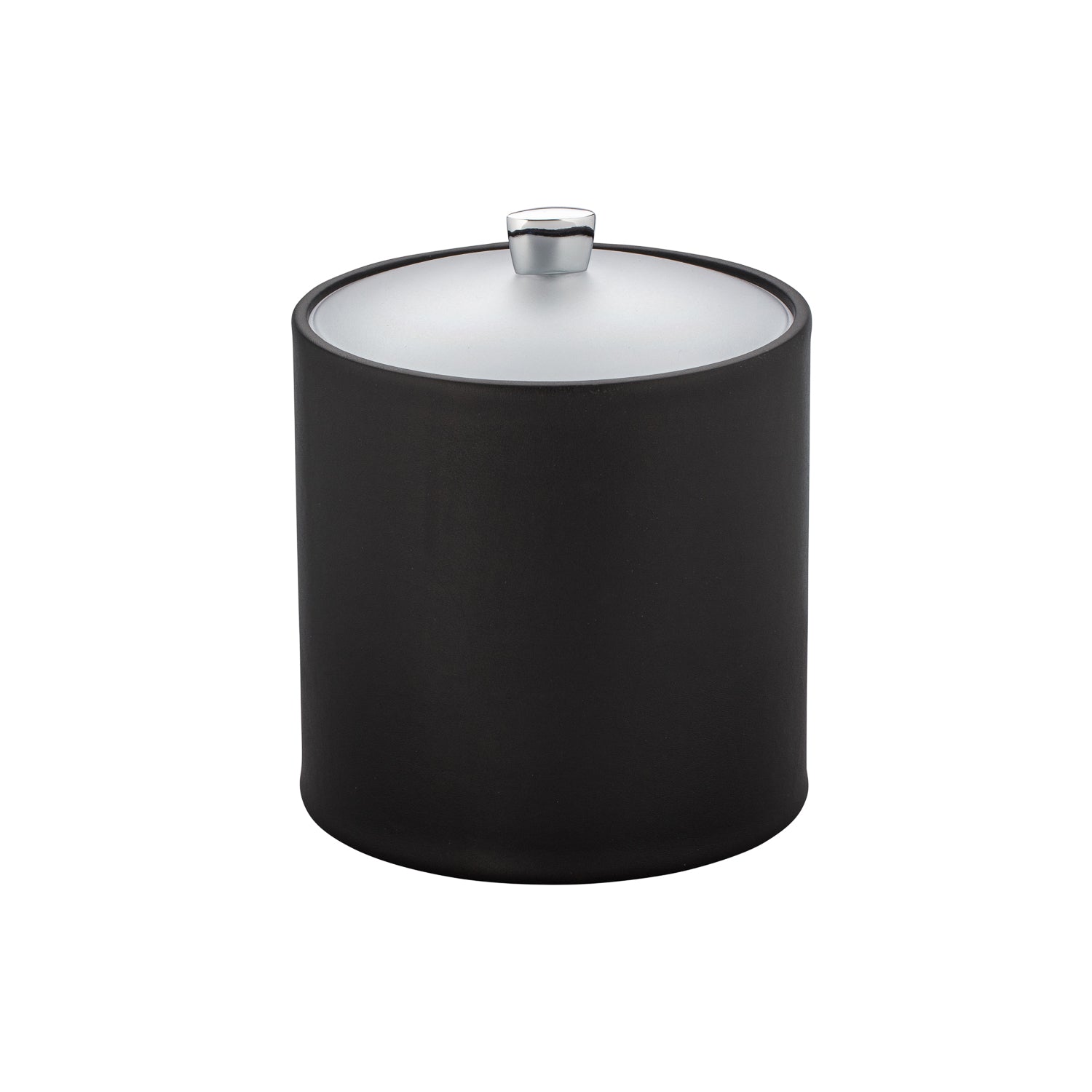 Black | 3QT leatherette ice bucket with acrylic cover and polished chrome arc knob displayed on a white background.