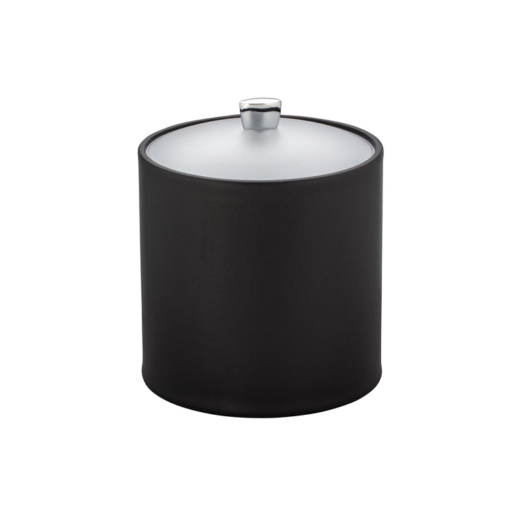 Black | 3QT leatherette ice bucket with acrylic cover and polished chrome arc knob displayed on a white background.