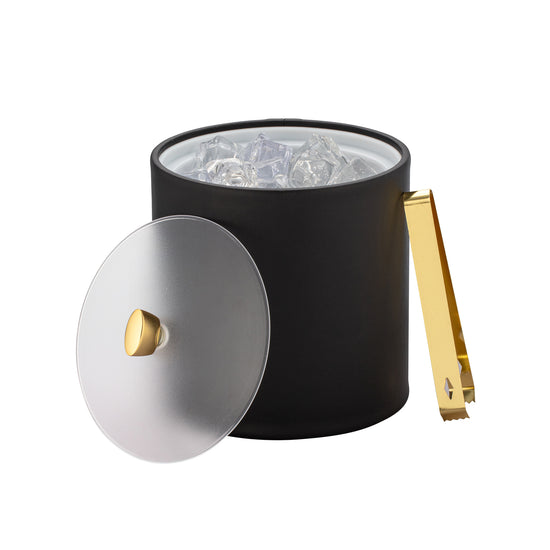 Black | Leatherette ice bucket with an acrylic cover off to the side accented with a shiny gold arc knob.
