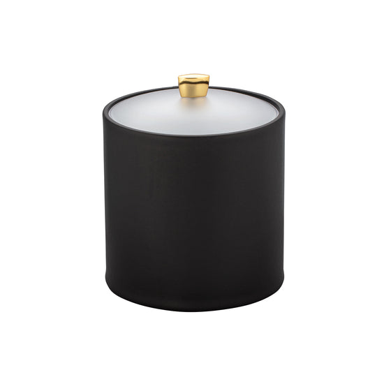 Black | Leatherette 3QT ice bucket with frosted acrylic cover and polished gold arc knob for elegant entertaining.