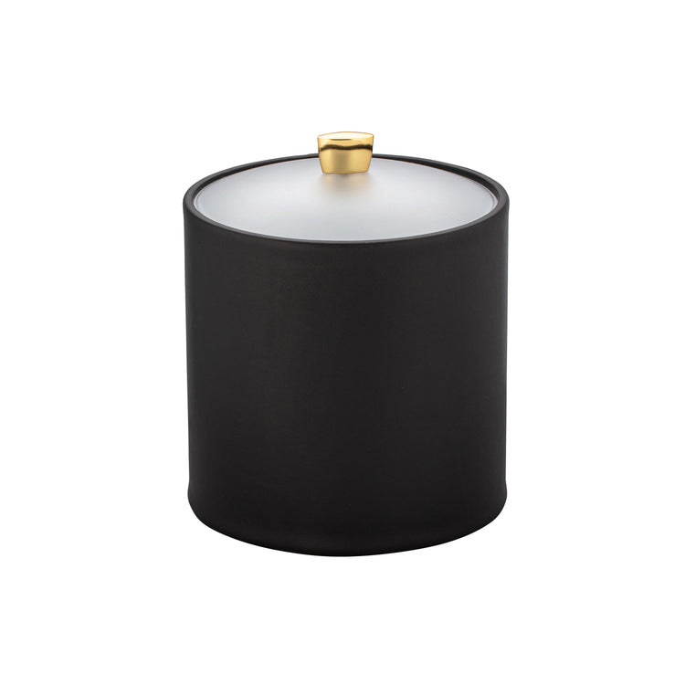 Black | Leatherette 3QT ice bucket with frosted acrylic cover and polished gold arc knob for elegant entertaining.
