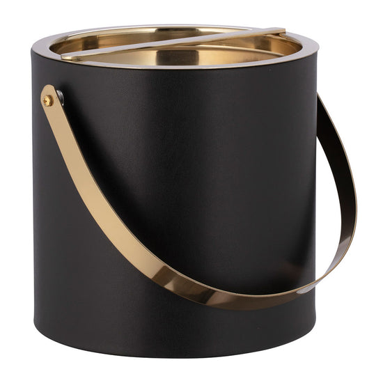 Black | Close-up of smooth leatherette ice bucket with high-shine gold lid and handle.