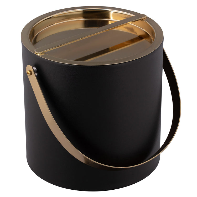 Black | Modern leatherette ice bucket with reflective gold cover and sleek arch handle.