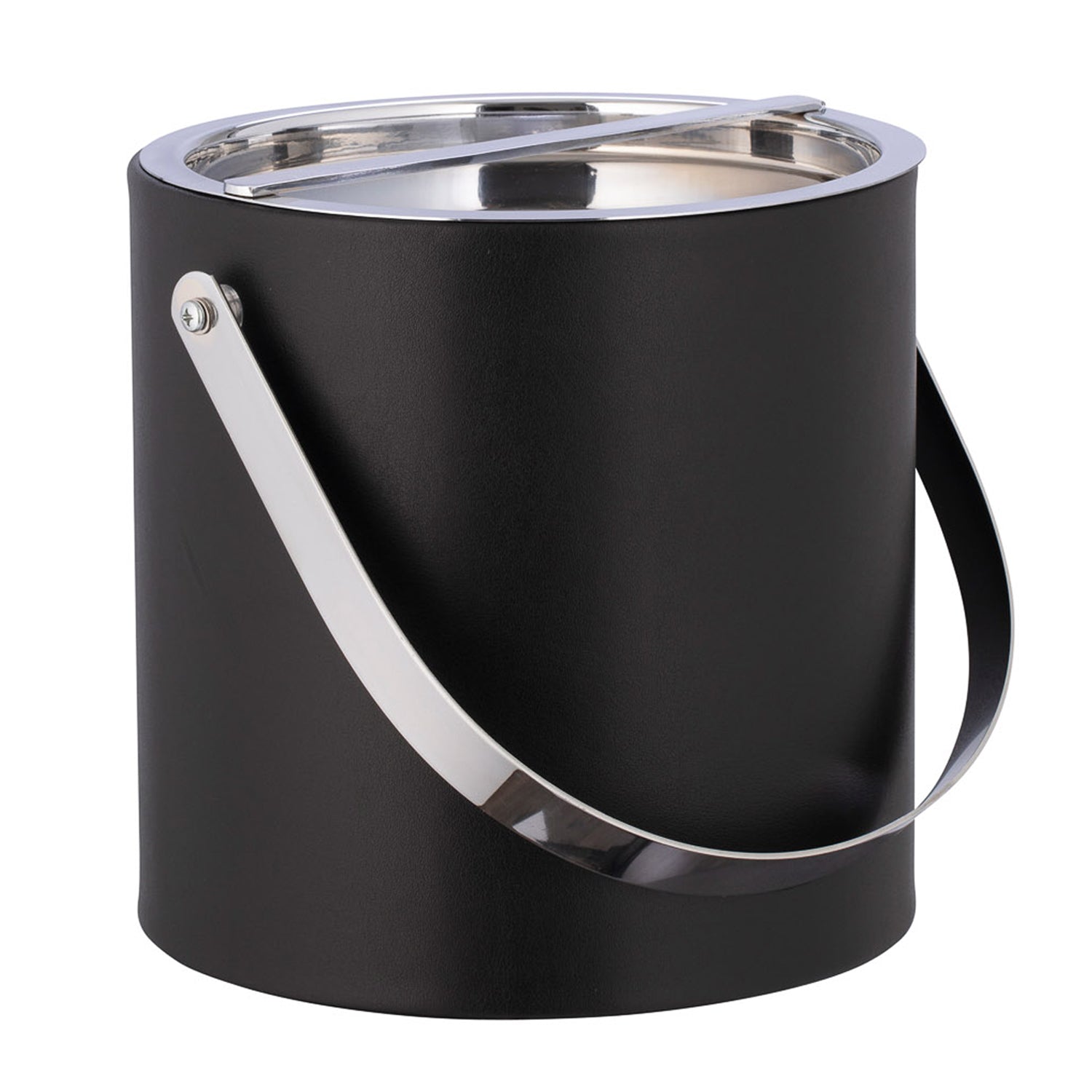 Black | Leatherette ice bucket with chrome cover and arch handle.