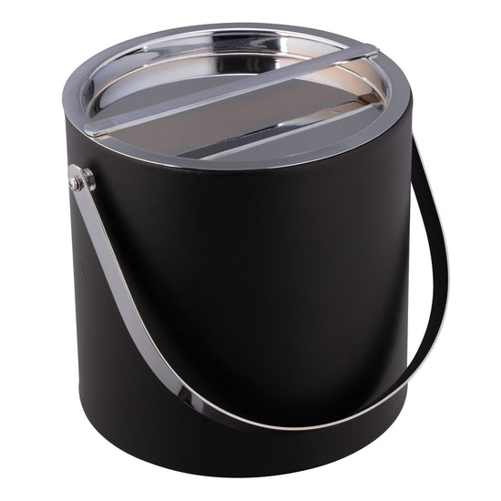 Black | Leatherette ice bucket with detail view of the polished chrome cover and arch handle.