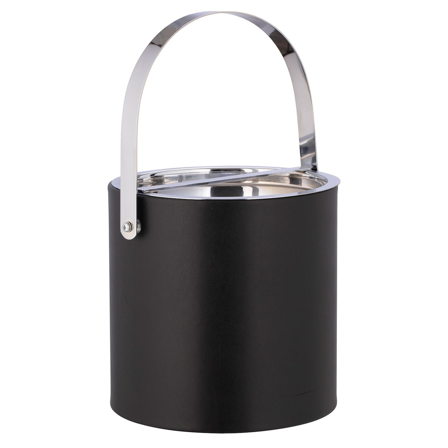 Black | Sophisticated black Manhattan leatherette ice bucket with polished chrome top placed on a white background.