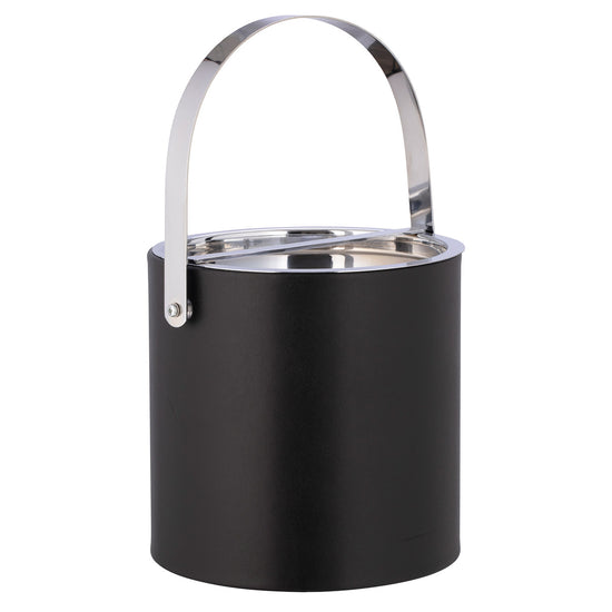 Black | Sophisticated black Manhattan leatherette ice bucket with polished chrome top placed on a white background.
