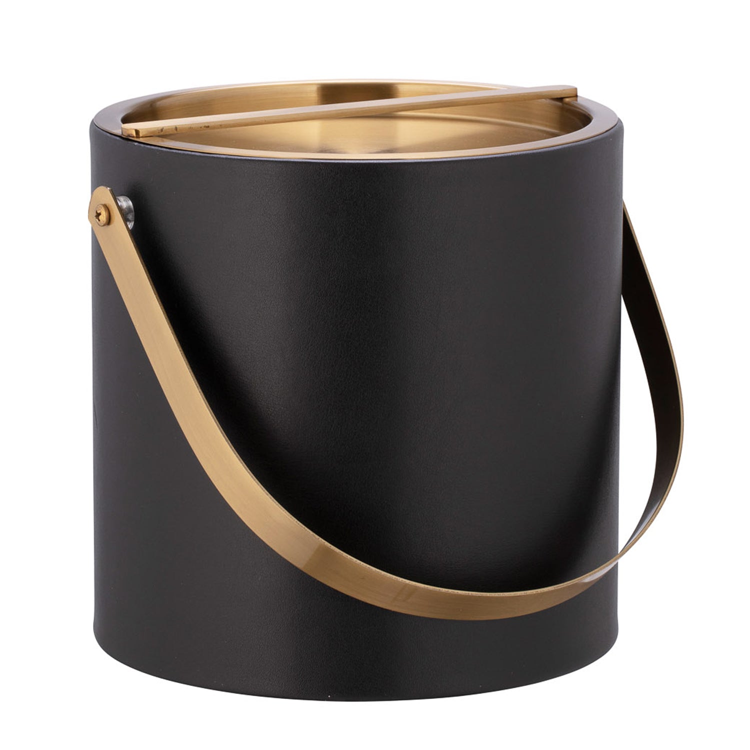 Black | Stylish leatherette ice bucket with brushed gold accents, centered on a white background.