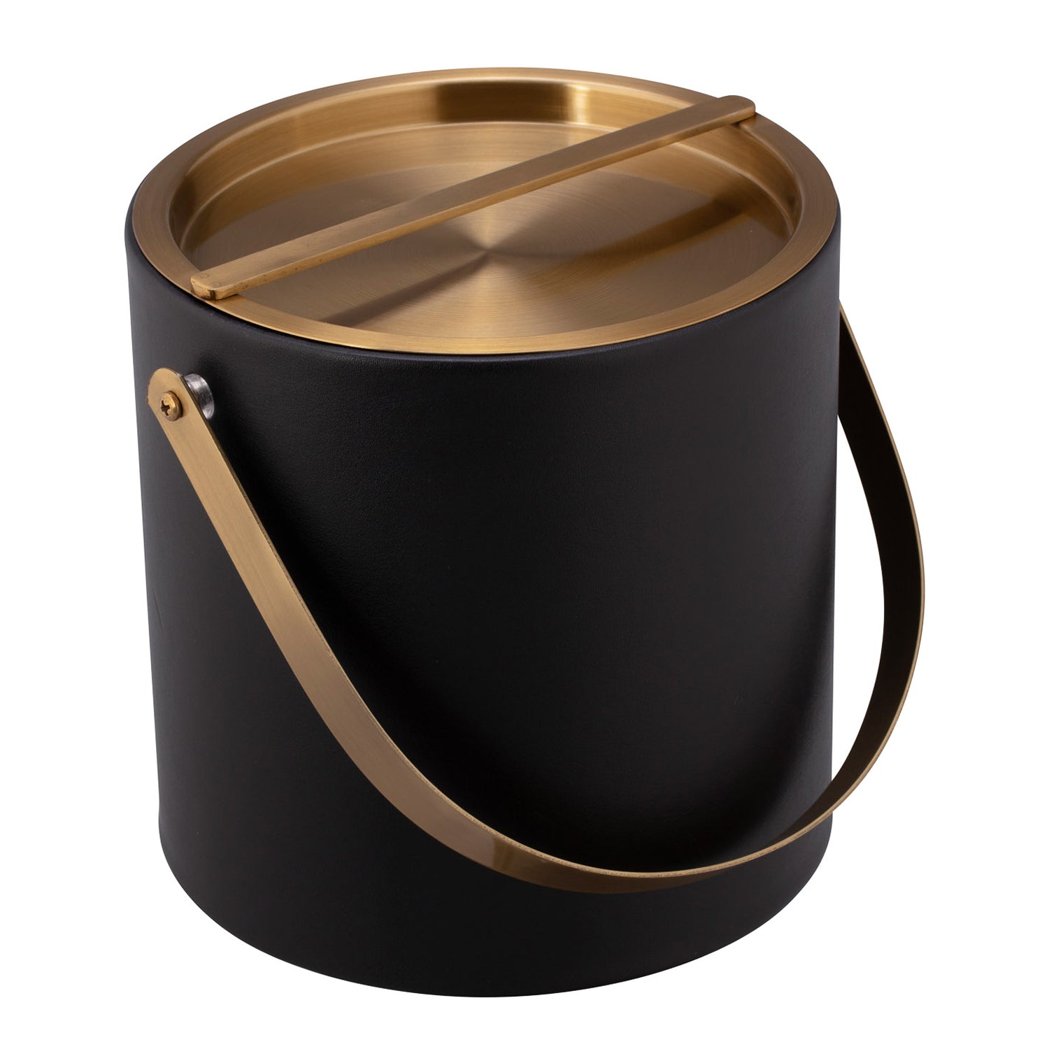 Black | Top-down view of leatherette ice bucket with brushed gold lid, displayed on white.