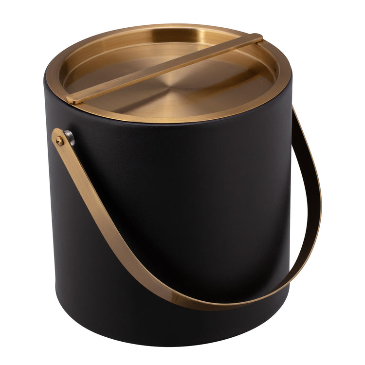Black | Top-down view of leatherette ice bucket with brushed gold lid, displayed on white.