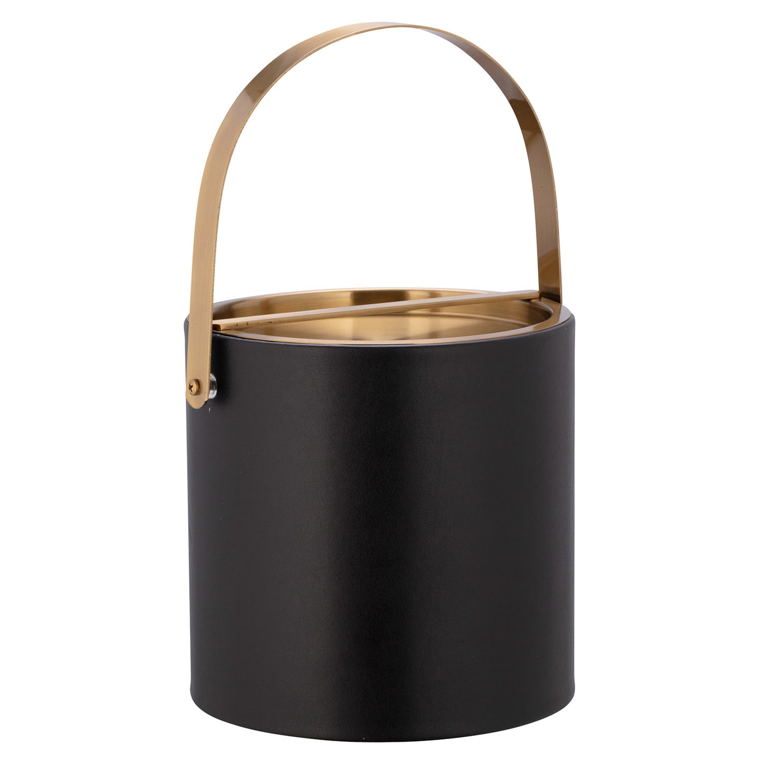 Black | Angled view of 3-quart ice bucket with leatherette texture and gold-finished handle, shown on white backdrop.