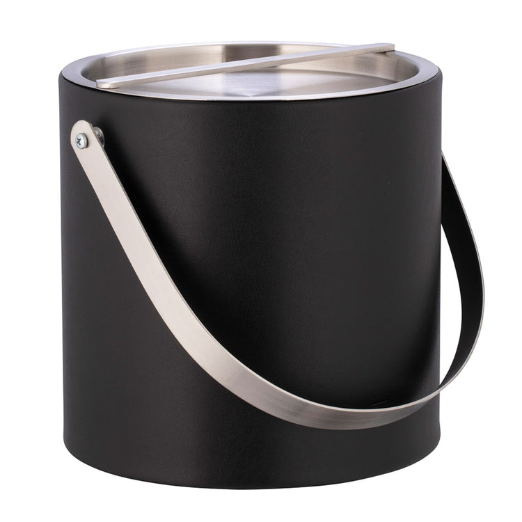 Black | Leatherette insulated 3qt ice bucket with bridge lid on white background.