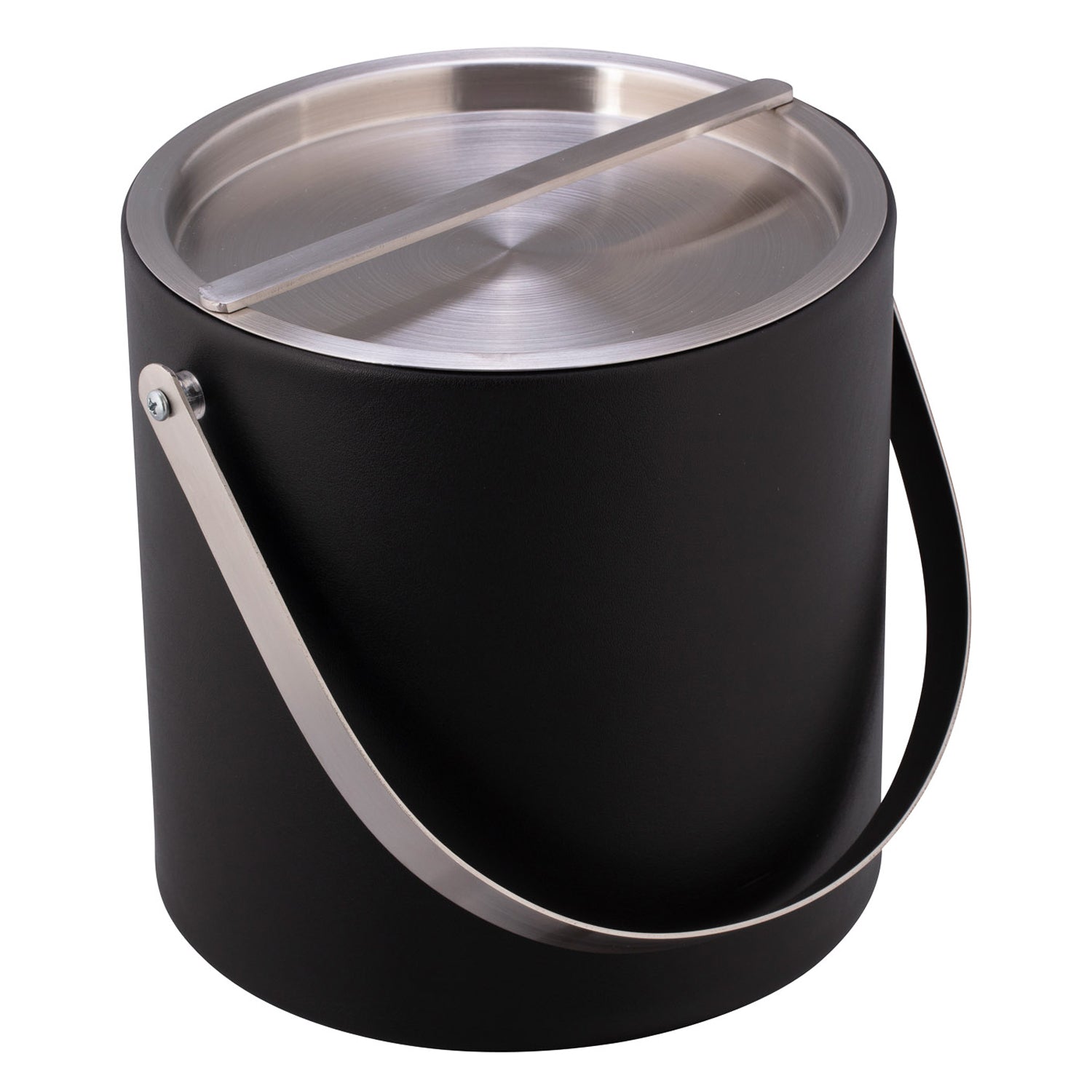 Black | Top view of leatherette ice bucket with chrome handle and lid.