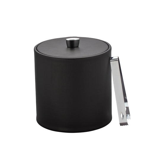 Black | View of closed ice bucket highlighting smooth leatherette finish and chrome arc knob.