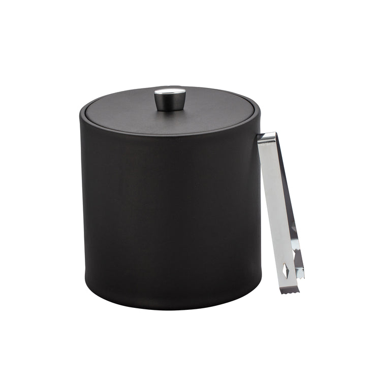 Black | View of closed ice bucket highlighting smooth leatherette finish and chrome arc knob.