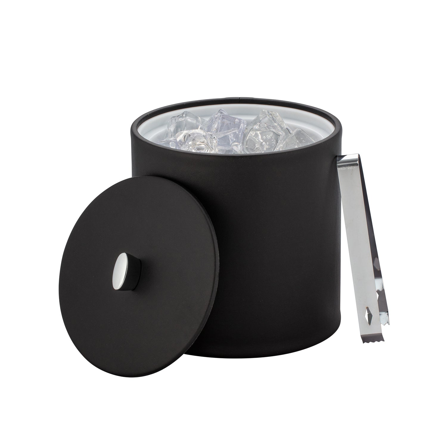 Black | Detail shot of chrome arc knob on matching lid of leatherette wrapped ice bucket.