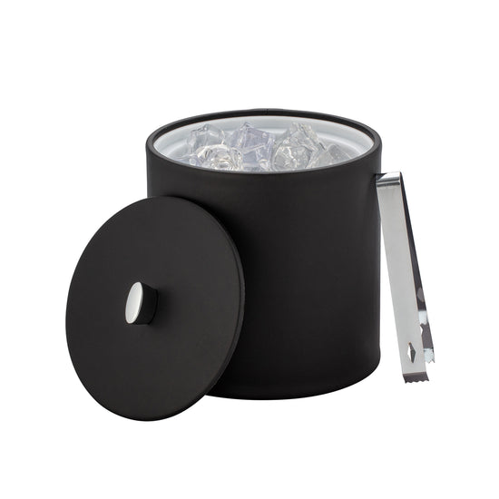 Black | Detail shot of chrome arc knob on matching lid of leatherette wrapped ice bucket.