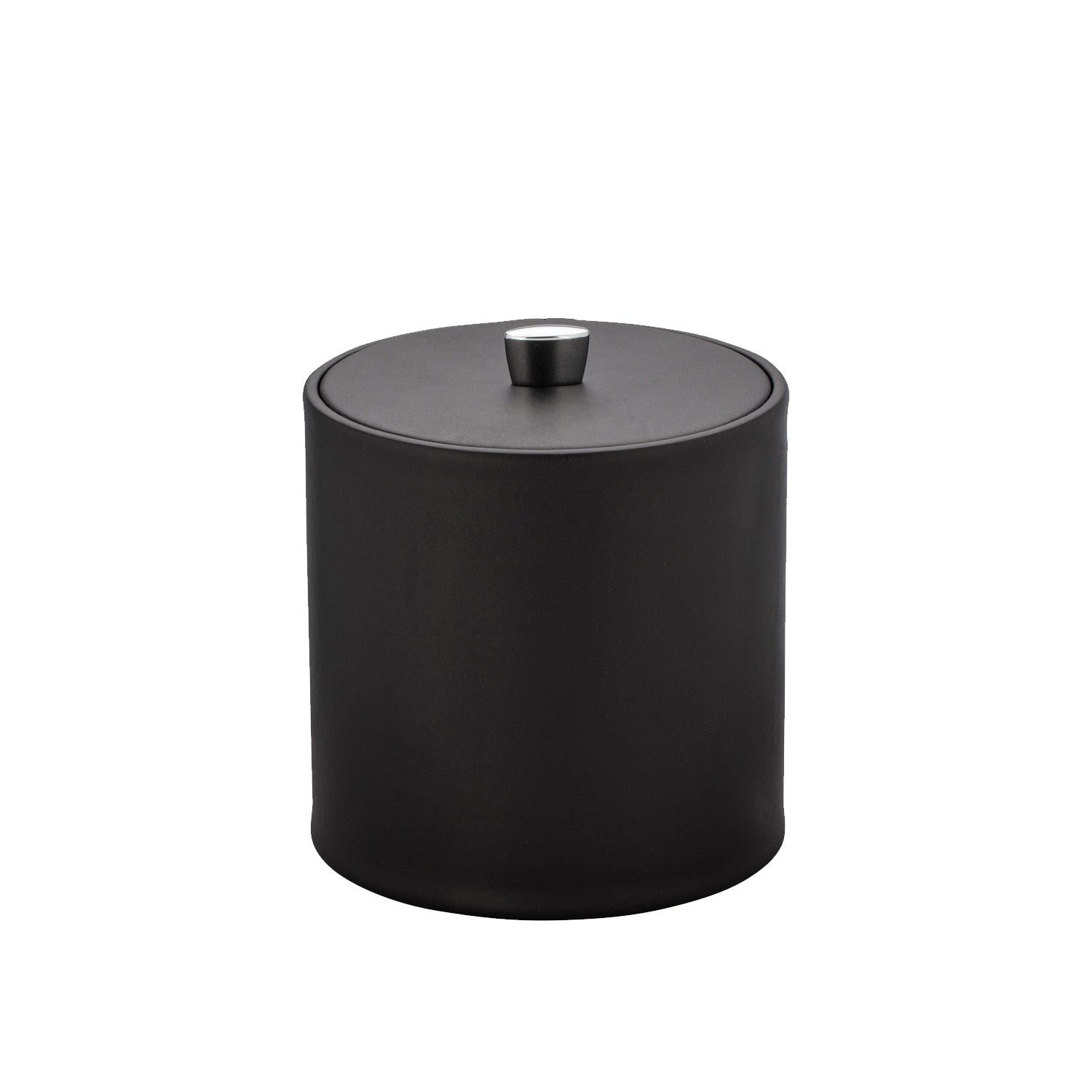 Black | Leatherette ice bucket with matching cover and modern chrome arc knob.