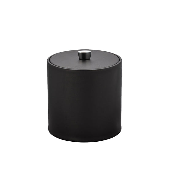 Black | Leatherette ice bucket with matching cover and modern chrome arc knob.