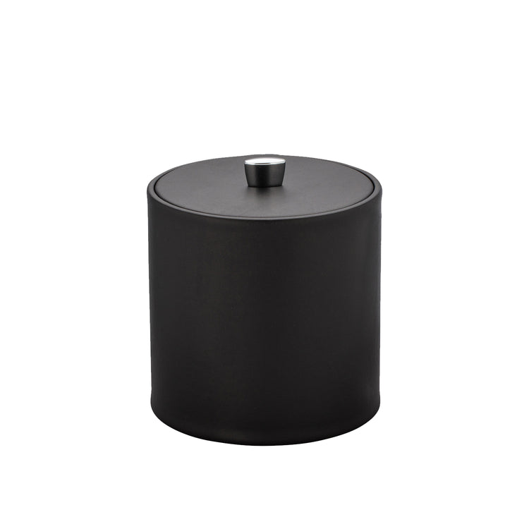 Black | Leatherette ice bucket with matching cover and modern chrome arc knob.