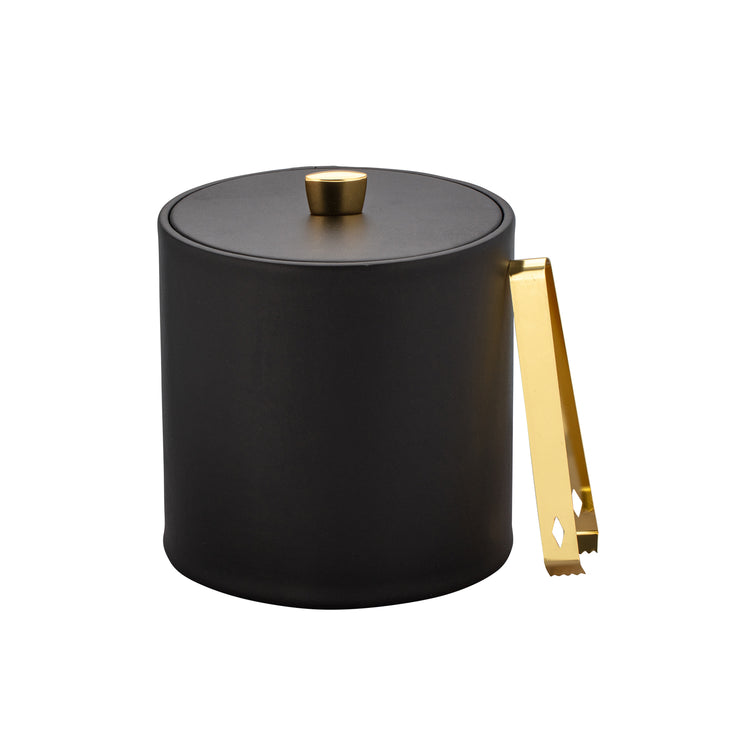 Black | Sophisticated leatherette ice bucket with gold knob detail.