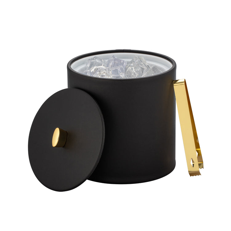 Black | Leatherette ice bucket with matching lid and a statement gold arc knob.