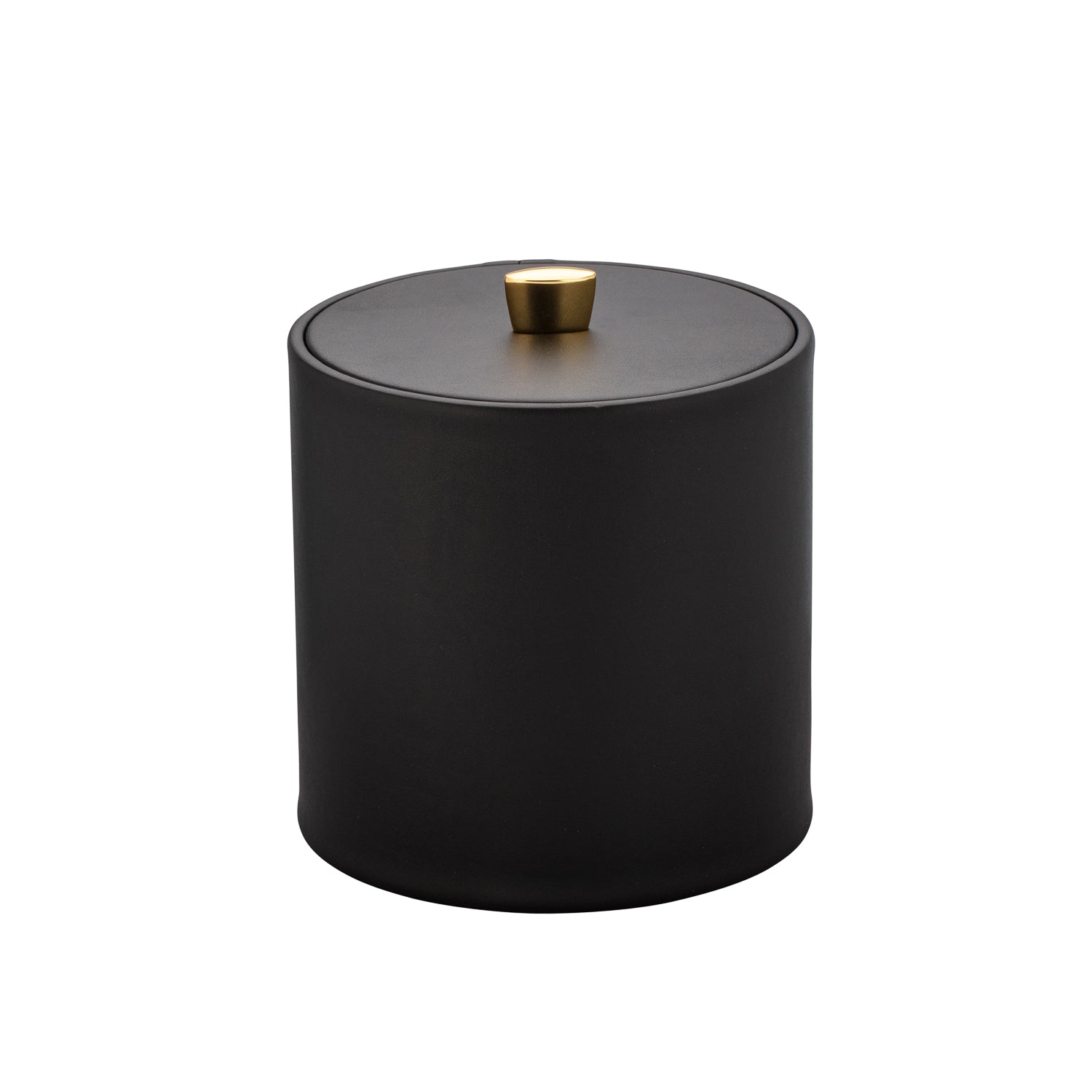 Black | Stylish ice bucket with leatherette exterior and lid, topped with a polished gold arc knob.
