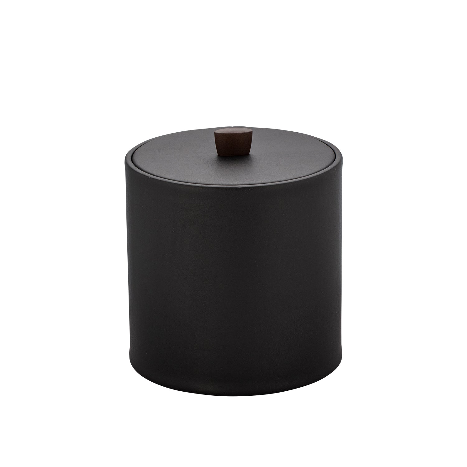 Black | Leatherette ice bucket showcasing the rich material and dark bronze knob detail.