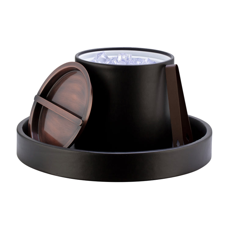 Black | Stylish ice bucket with dark oil-rubbed bronze bridge cover on a leatherette serving tray.