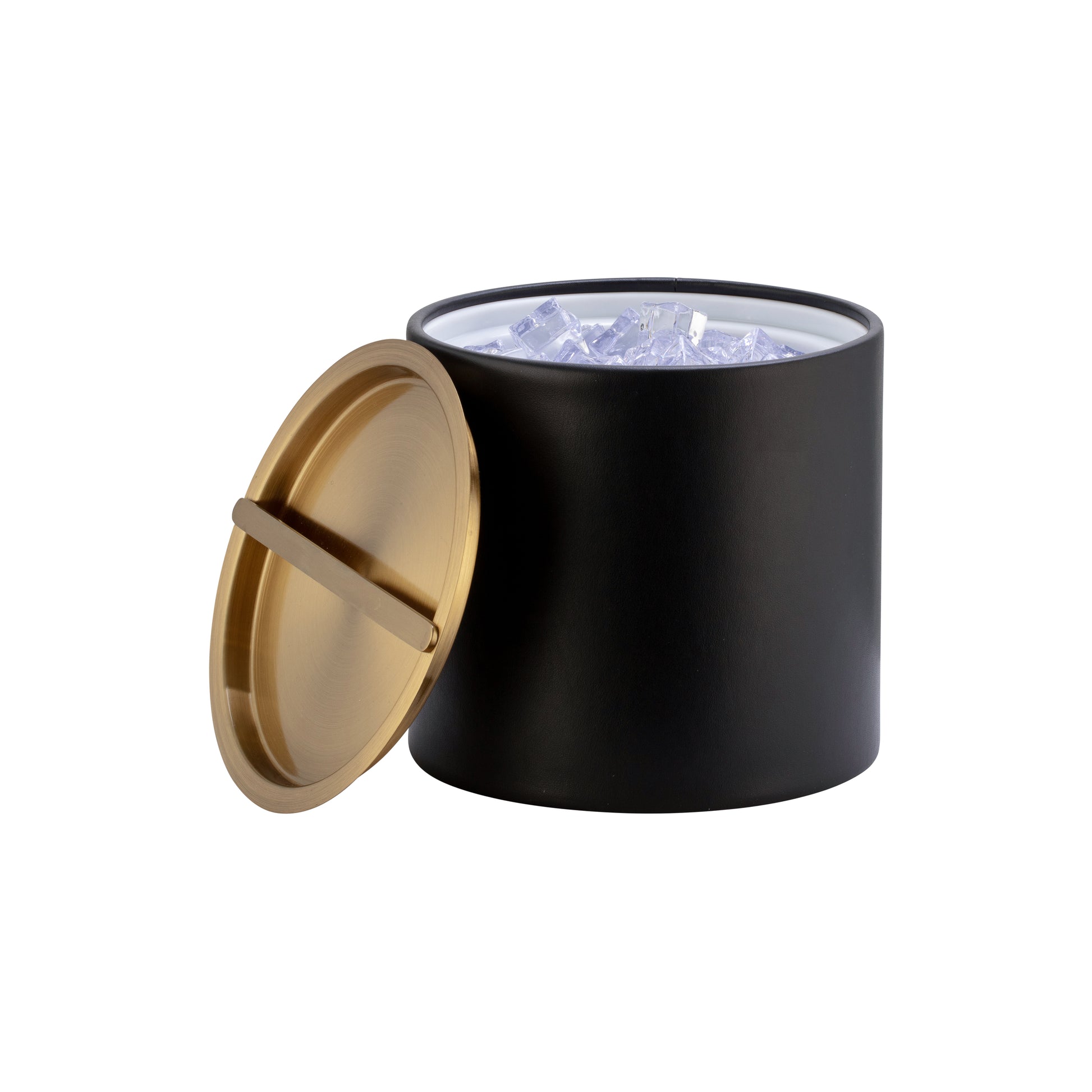 Black | Front view of leatherette ice bucket with matte finish and brushed gold cover off to the side showing the ice cubes.