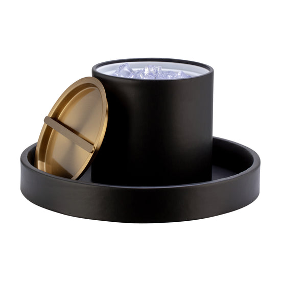 Black | Elegant 3-quart leatherette ice bucket with brushed gold lid placed on a matching black round serving tray.