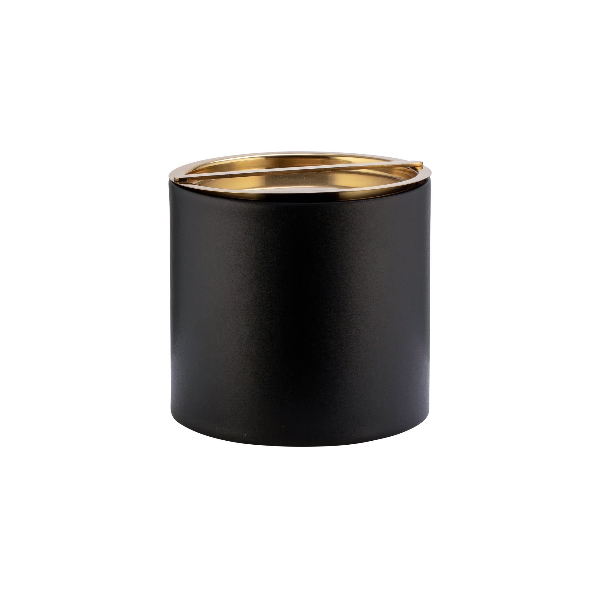 Black | Sophisticated leatherette ice bucket with luxe polished gold lid.