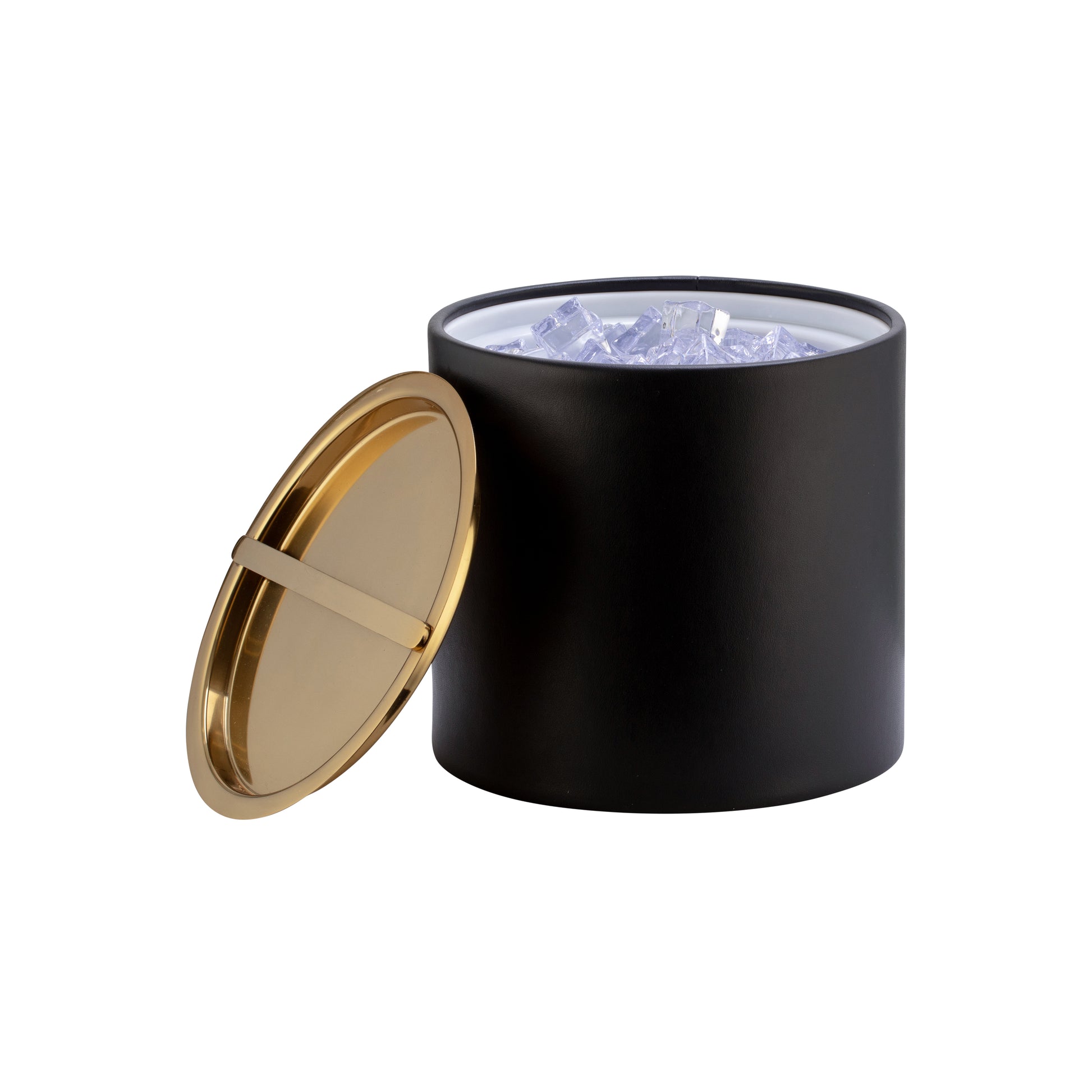 Black | Modern black leatherette ice bucket with a high-shine polished gold bridge cover.