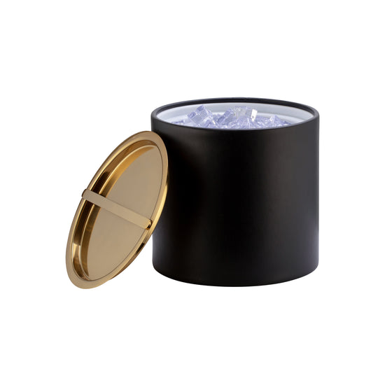 Black | Modern black leatherette ice bucket with a high-shine polished gold bridge cover.