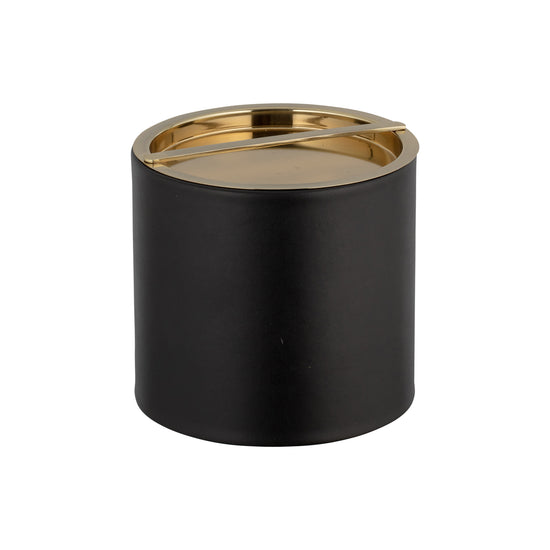 Black | Close-up of leatherette ice bucket with polished gold cover on a white background.