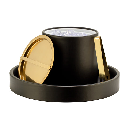 Gold | Polished gold ice tongs paired with a leatherette ice bucket and serving tray.