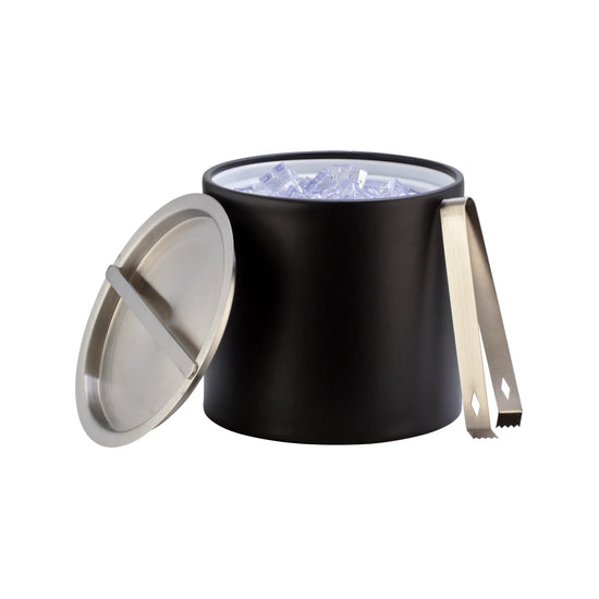 Black | Opened 3qt leatherette ice bucket to see ice filled inside with matching brushed chrome ice tongs.