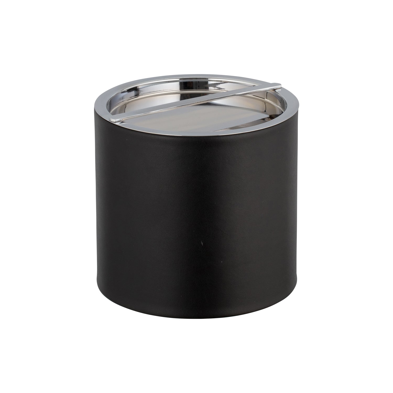 Black | Sophisticated ice bucket with smooth leatherette finish and shiny chrome top.