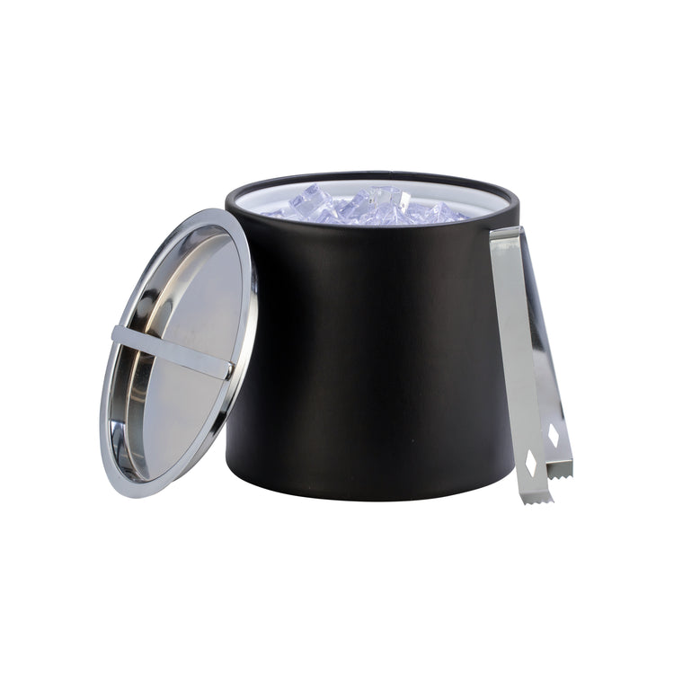 Black | Leatherette Manhattan ice bucket with the cover off with ice tongs and ice cubes filled inside.