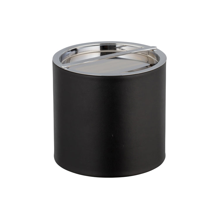 Black | Sophisticated ice bucket with smooth leatherette finish and shiny chrome top.
